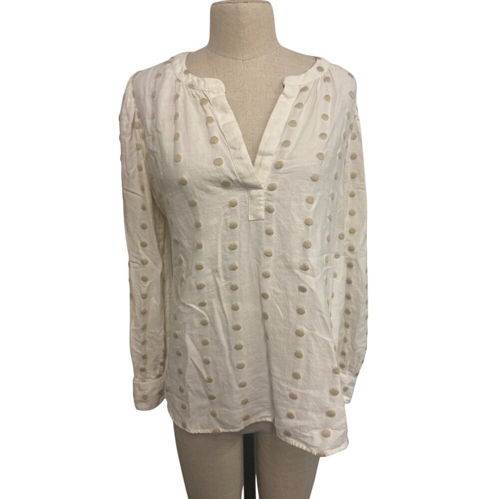 Loft Womens Polka Dot Blouse M 81% Cotton 19% Acrylic White & Beige Long Sleeve